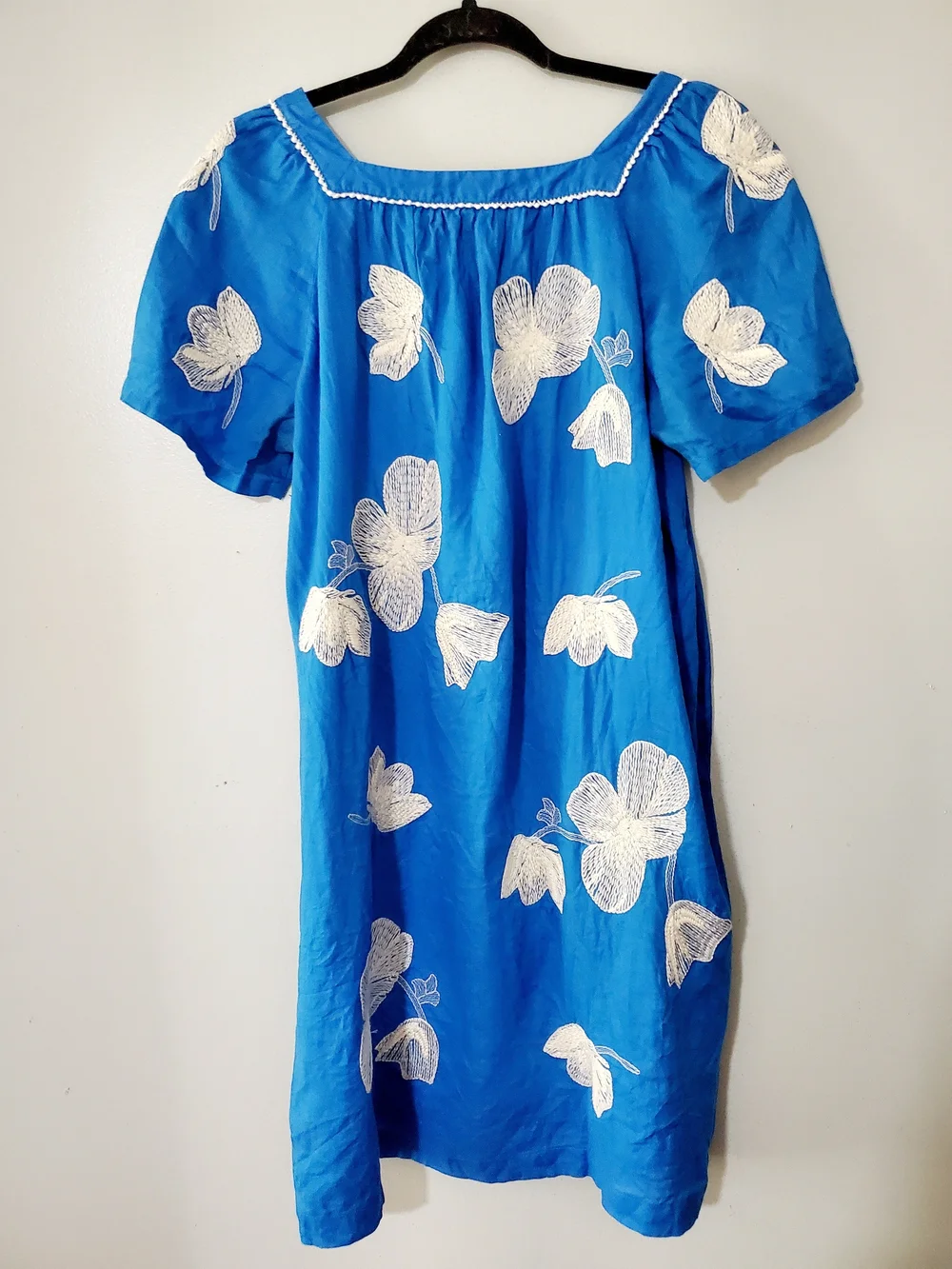 J. Crew Linen Blue Embroidered Floral Cottagecore Shift Dress Medium Coastal